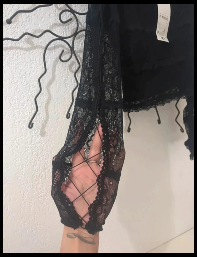 Jennyfer Black Lace Crop Top – Off-Shoulder & Lace-Up Details – Size XS (New) – photo 2